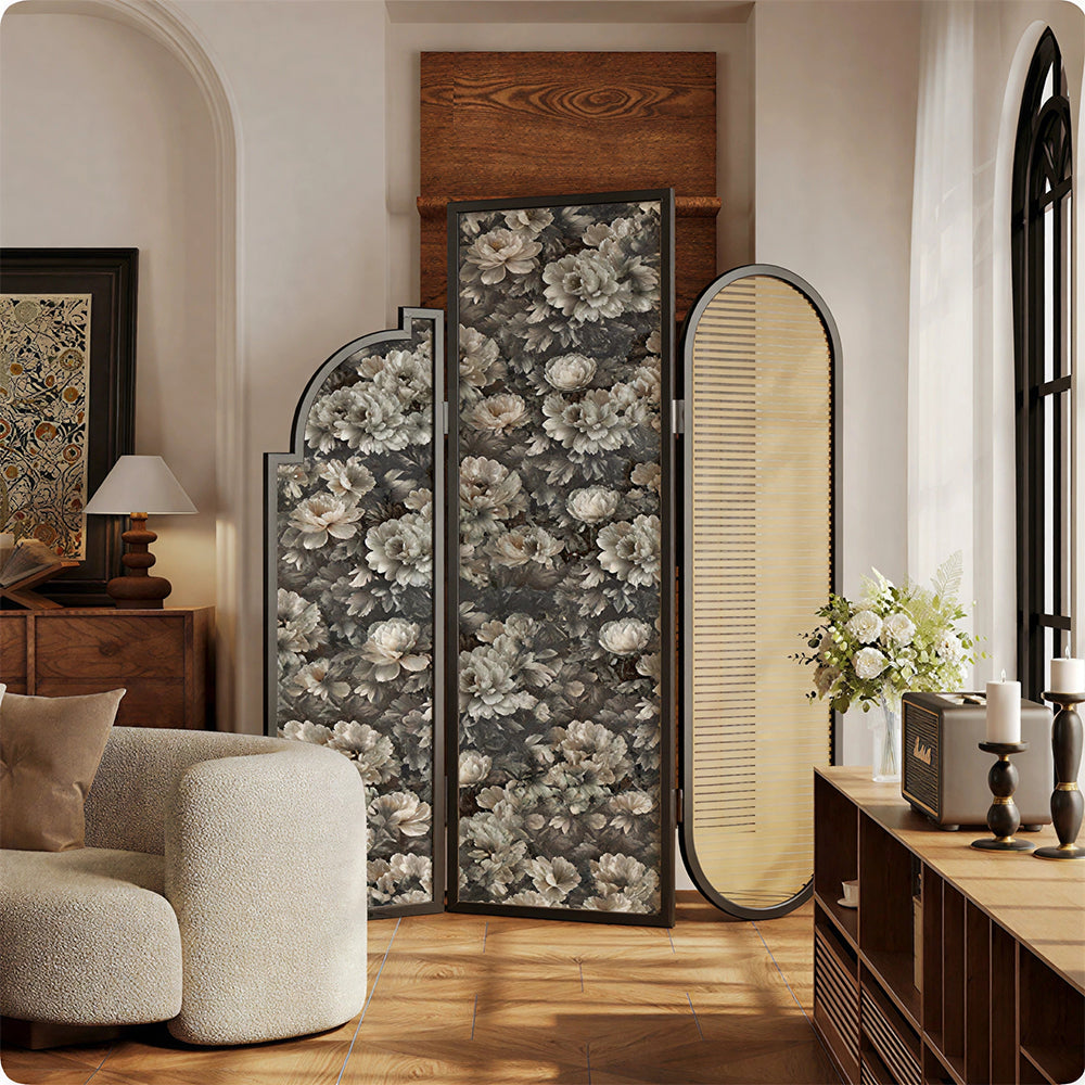 LIVARA 3 Panel Walnut Wood Folding Room Divider with Vintage Floral Print for Living Room Bedroom - Walnut & Black