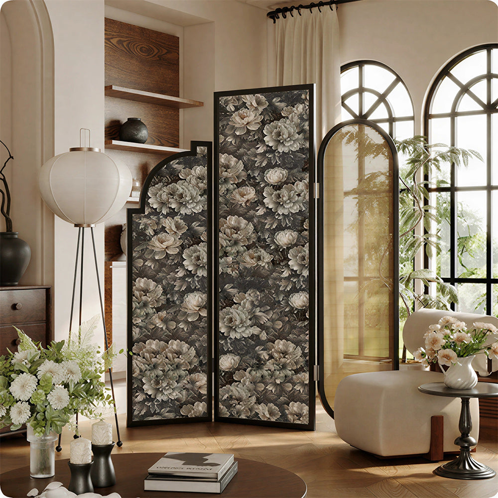 LIVARA 3 Panel Walnut Wood Folding Room Divider with Vintage Floral Print for Living Room Bedroom - Walnut & Black