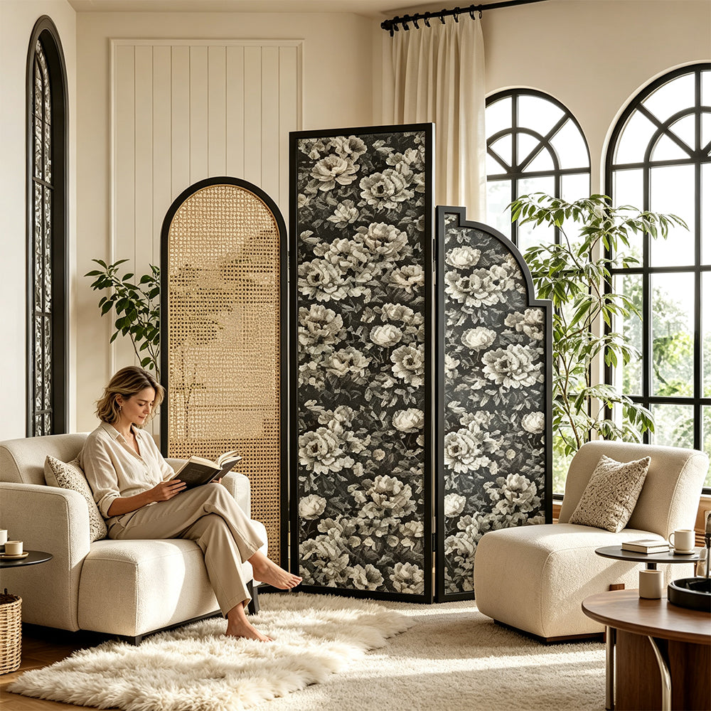 LIVARA 3 Panel Walnut Wood Folding Room Divider with Vintage Floral Print for Living Room Bedroom - Walnut & Black