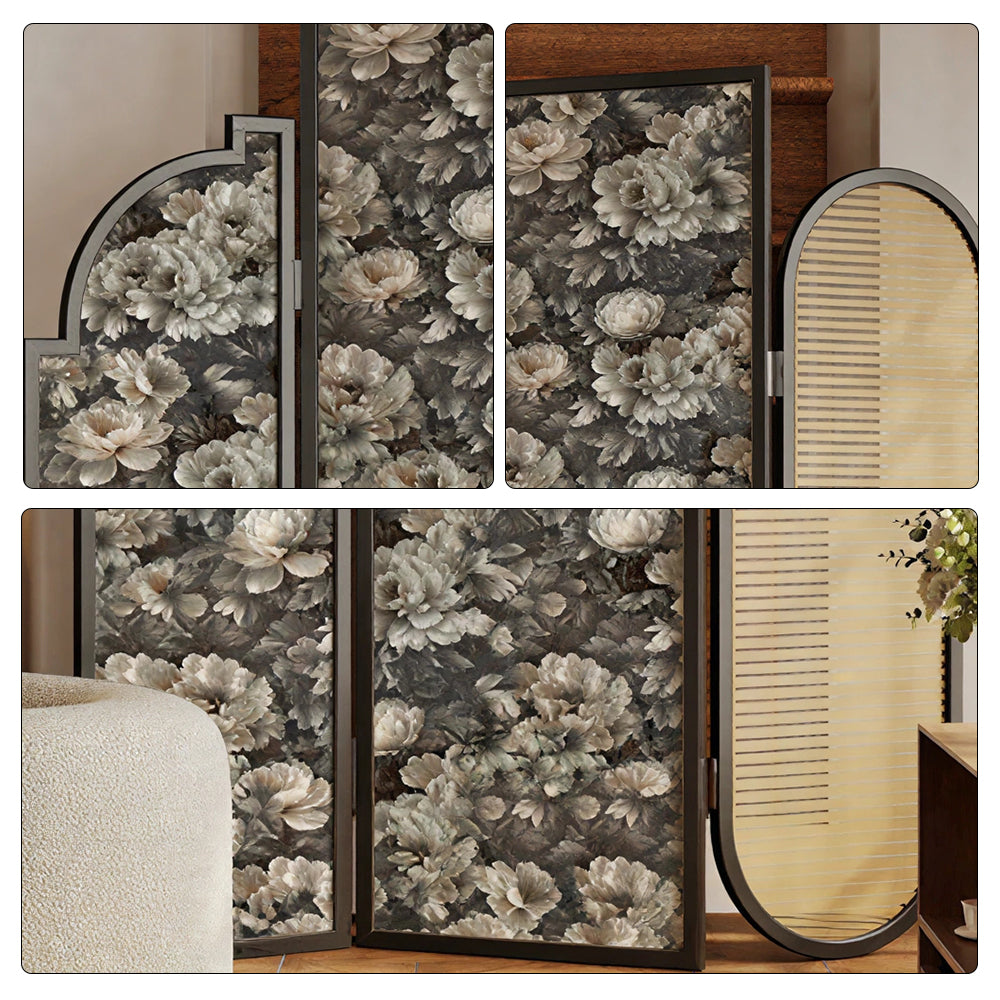 LIVARA 3 Panel Walnut Wood Folding Room Divider with Vintage Floral Print for Living Room Bedroom - Walnut & Black
