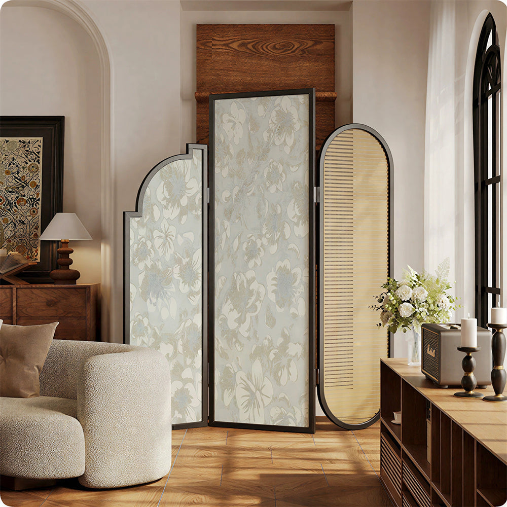 LIVARA 3 Panel Folding Room Divider with Rattan & Floral Fabric for Living Room Bedroom - Black & Ivory