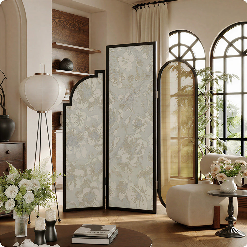 LIVARA 3 Panel Folding Room Divider with Rattan & Floral Fabric for Living Room Bedroom - Black & Ivory