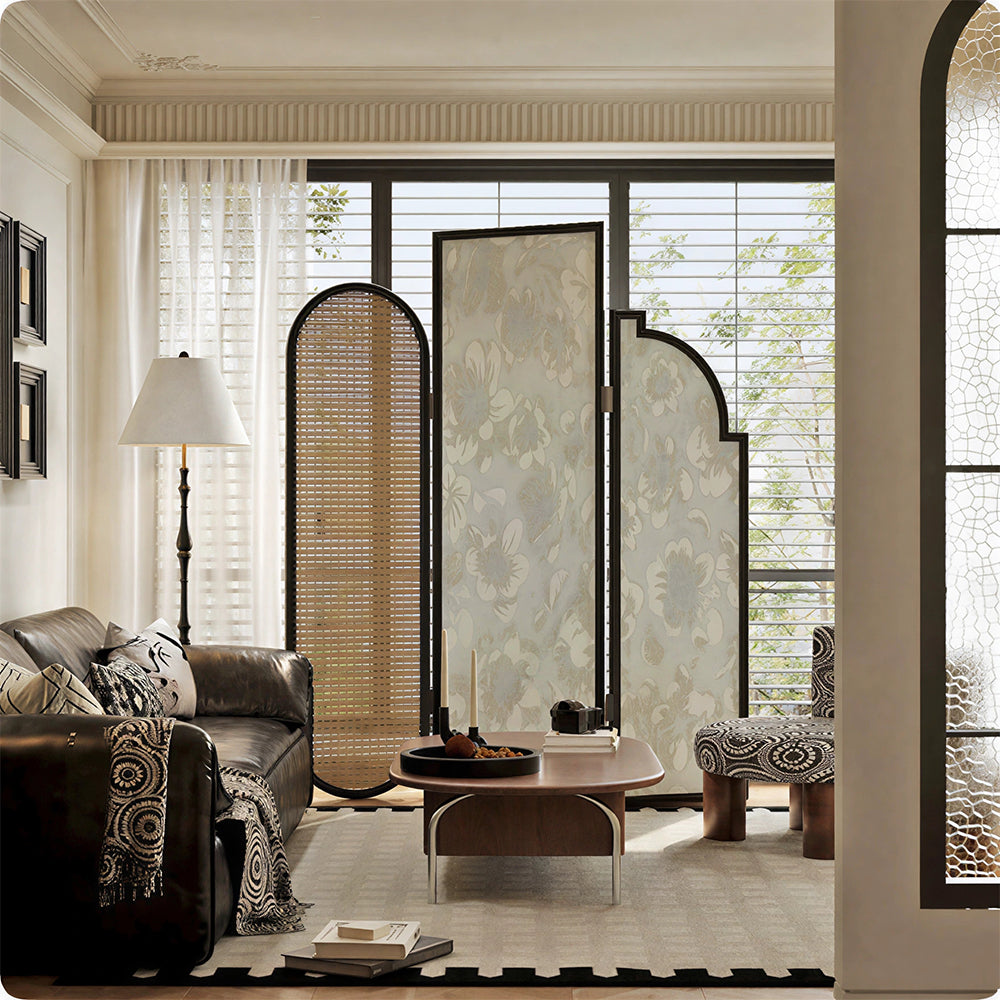 LIVARA 3 Panel Folding Room Divider with Rattan & Floral Fabric for Living Room Bedroom - Black & Ivory
