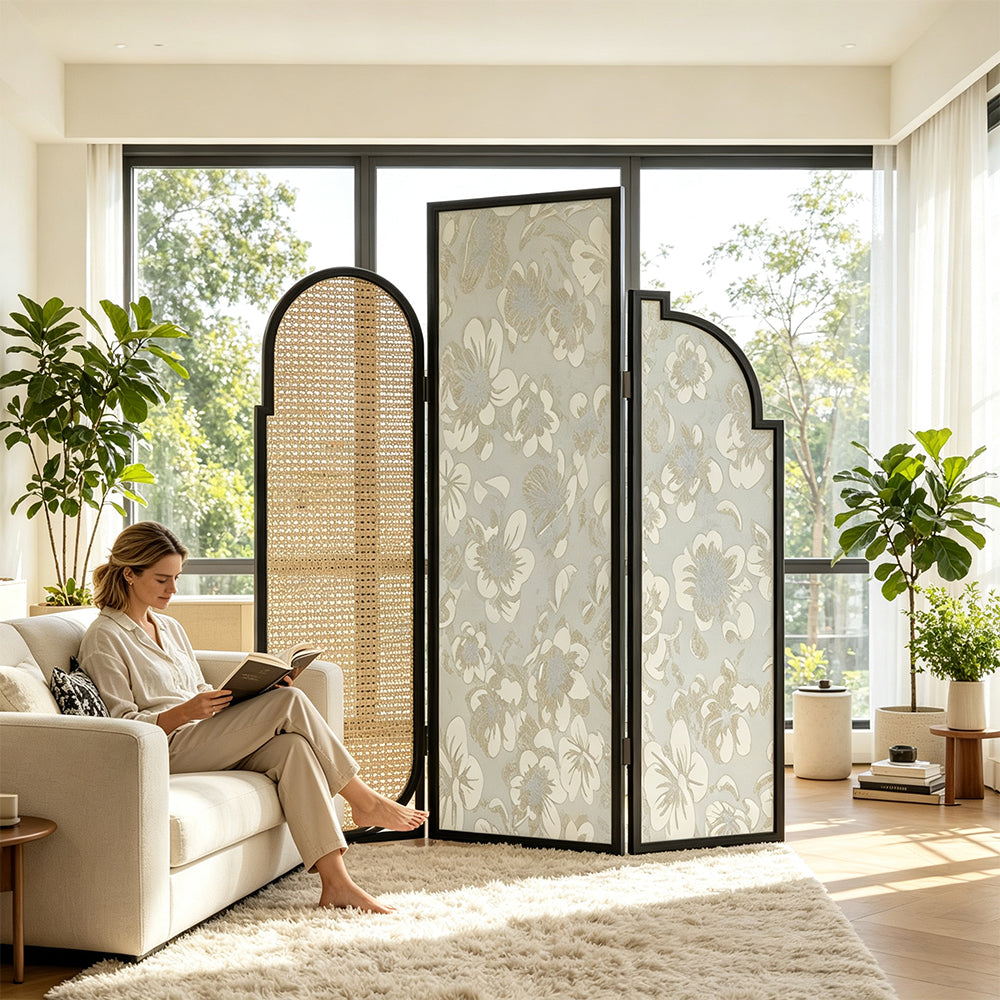 LIVARA 3 Panel Folding Room Divider with Rattan & Floral Fabric for Living Room Bedroom - Black & Ivory