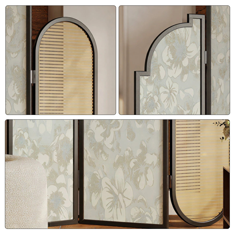LIVARA 3 Panel Folding Room Divider with Rattan & Floral Fabric for Living Room Bedroom - Black & Ivory