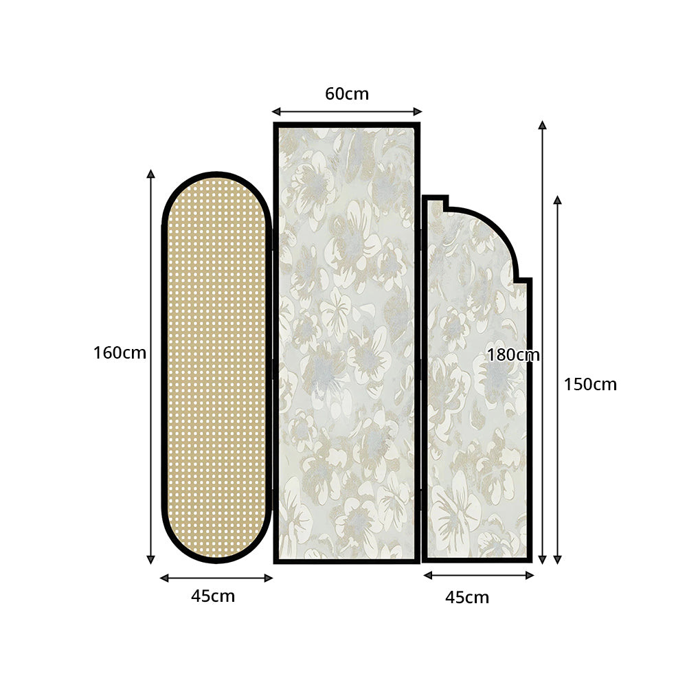 LIVARA 3 Panel Folding Room Divider with Rattan & Floral Fabric for Living Room Bedroom - Black & Ivory