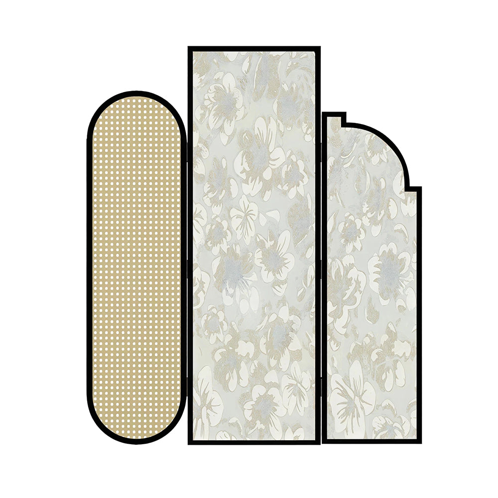 LIVARA 3 Panel Folding Room Divider with Rattan & Floral Fabric for Living Room Bedroom - Black & Ivory