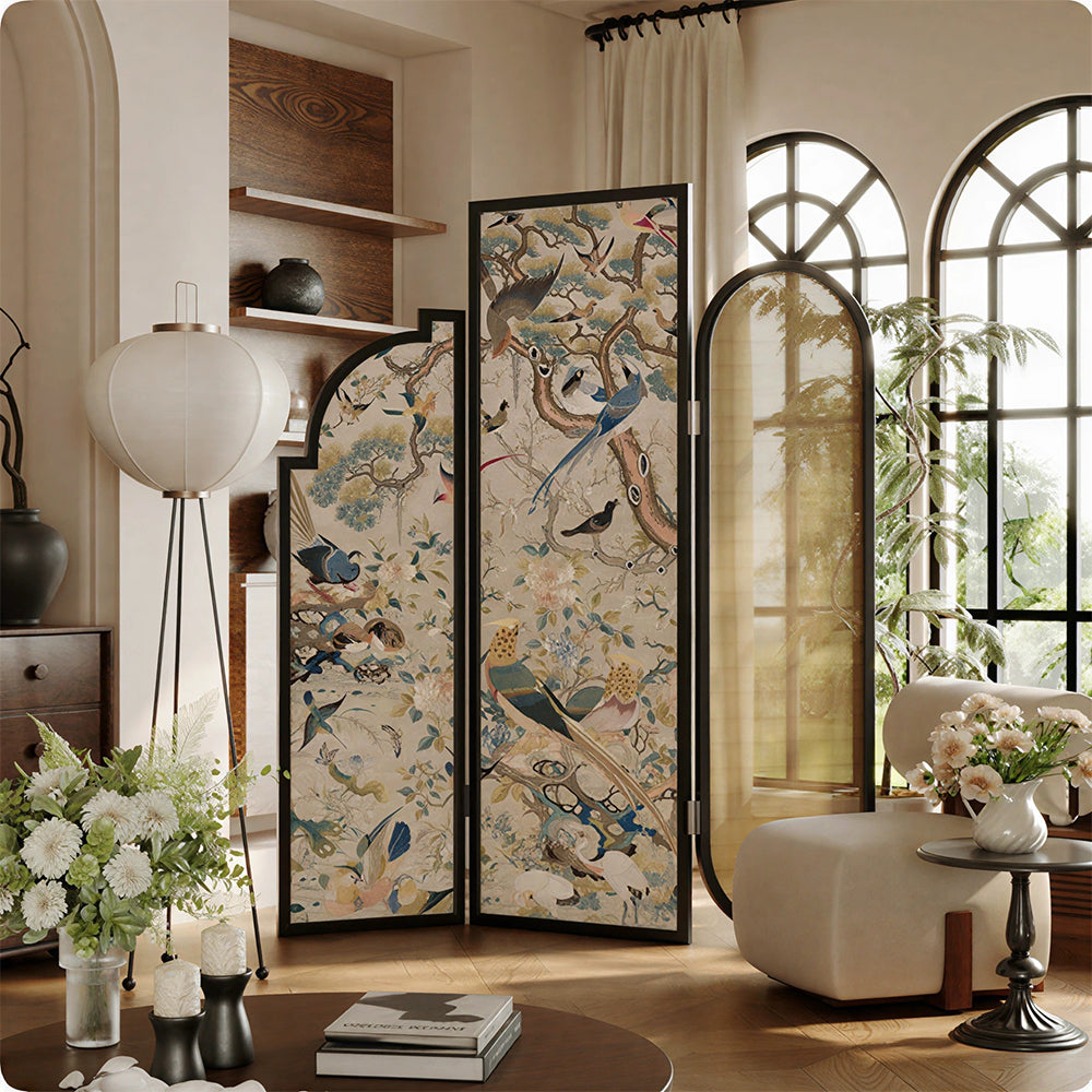 LIVARA 3 Panel Folding Room Divider with Rattan & Vintage Floral Print for Living Room Bedroom - Walnut & Multicolour