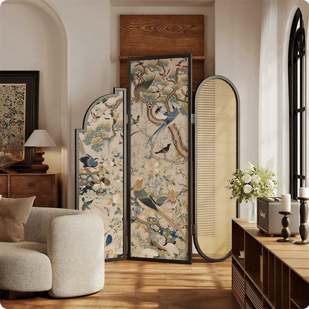 LIVARA 3 Panel Folding Room Divider with Rattan & Vintage Floral Print for Living Room Bedroom - Walnut & Multicolour
