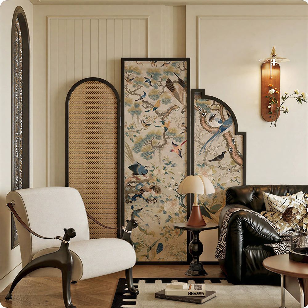 LIVARA 3 Panel Folding Room Divider with Rattan & Vintage Floral Print for Living Room Bedroom - Walnut & Multicolour