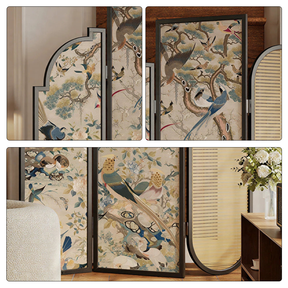 LIVARA 3 Panel Folding Room Divider with Rattan & Vintage Floral Print for Living Room Bedroom - Walnut & Multicolour