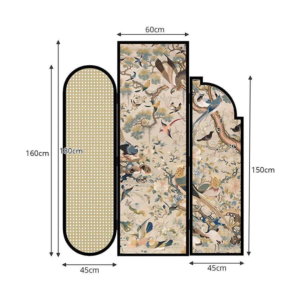 LIVARA 3 Panel Folding Room Divider with Rattan & Vintage Floral Print for Living Room Bedroom - Walnut & Multicolour