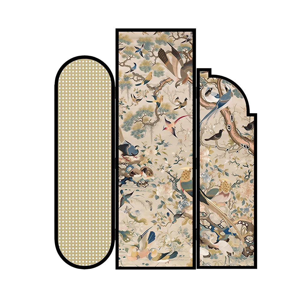 LIVARA 3 Panel Folding Room Divider with Rattan & Vintage Floral Print for Living Room Bedroom - Walnut & Multicolour