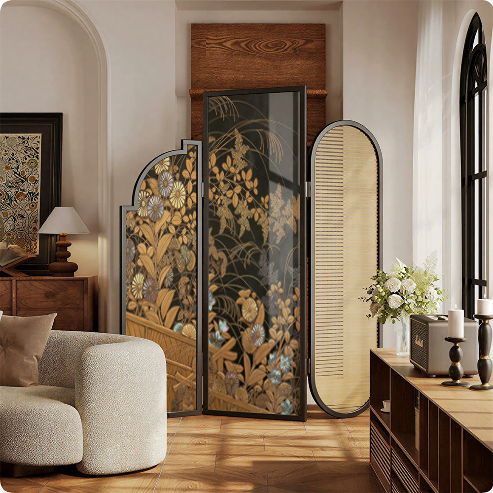 LIVARA 3 Panel Folding Room Divider with Rattan & Vintage Floral Print for Living Room Bedroom - Walnut & Yellow