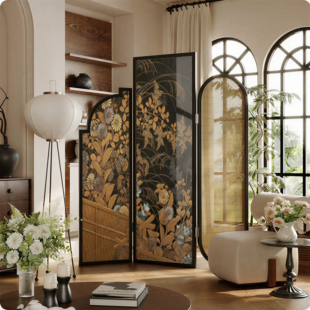 LIVARA 3 Panel Folding Room Divider with Rattan & Vintage Floral Print for Living Room Bedroom - Walnut & Yellow