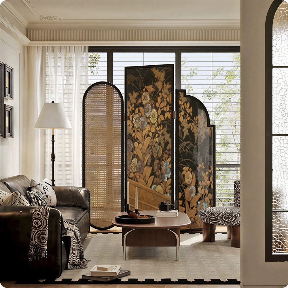LIVARA 3 Panel Folding Room Divider with Rattan & Vintage Floral Print for Living Room Bedroom - Walnut & Yellow