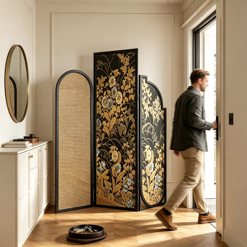 LIVARA 3 Panel Folding Room Divider with Rattan & Vintage Floral Print for Living Room Bedroom - Walnut & Yellow