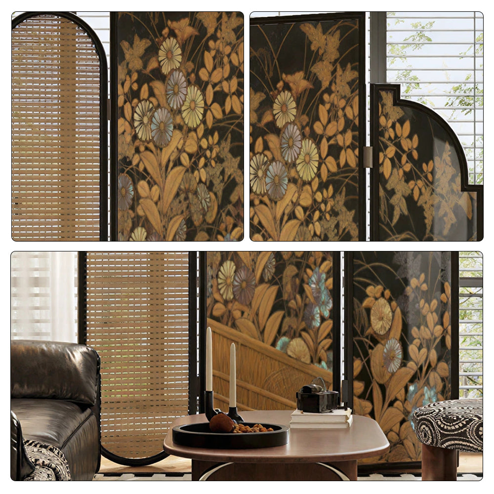 LIVARA 3 Panel Folding Room Divider with Rattan & Vintage Floral Print for Living Room Bedroom - Walnut & Yellow