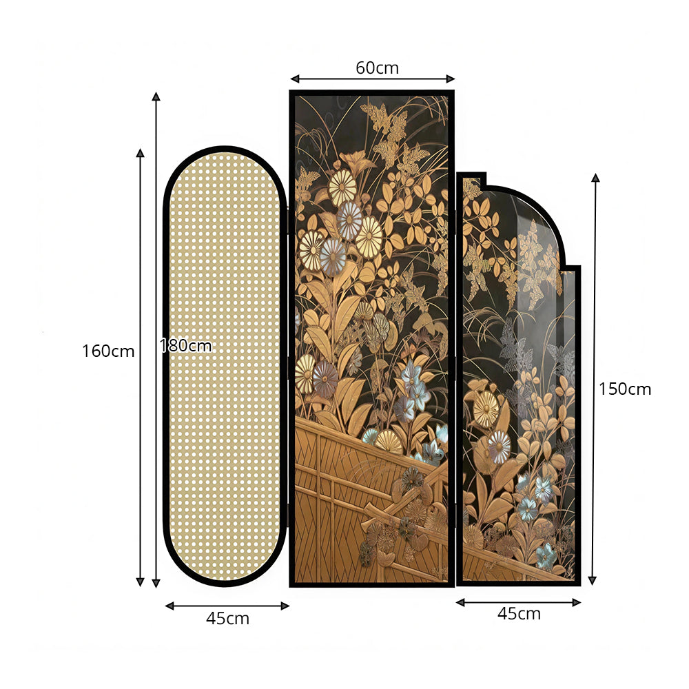 LIVARA 3 Panel Folding Room Divider with Rattan & Vintage Floral Print for Living Room Bedroom - Walnut & Yellow