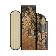 LIVARA 3 Panel Folding Room Divider with Rattan & Vintage Floral Print for Living Room Bedroom - Walnut & Yellow