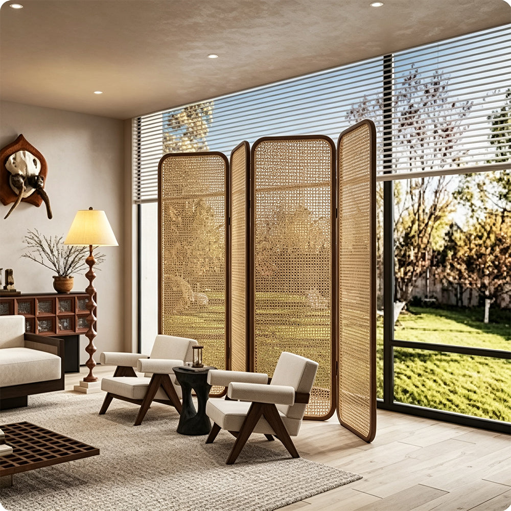 LIVARA Single Panel Ash Wood Rattan Room Divider 45 x 180cm for Living Room Bedroom - Walnut & Natural
