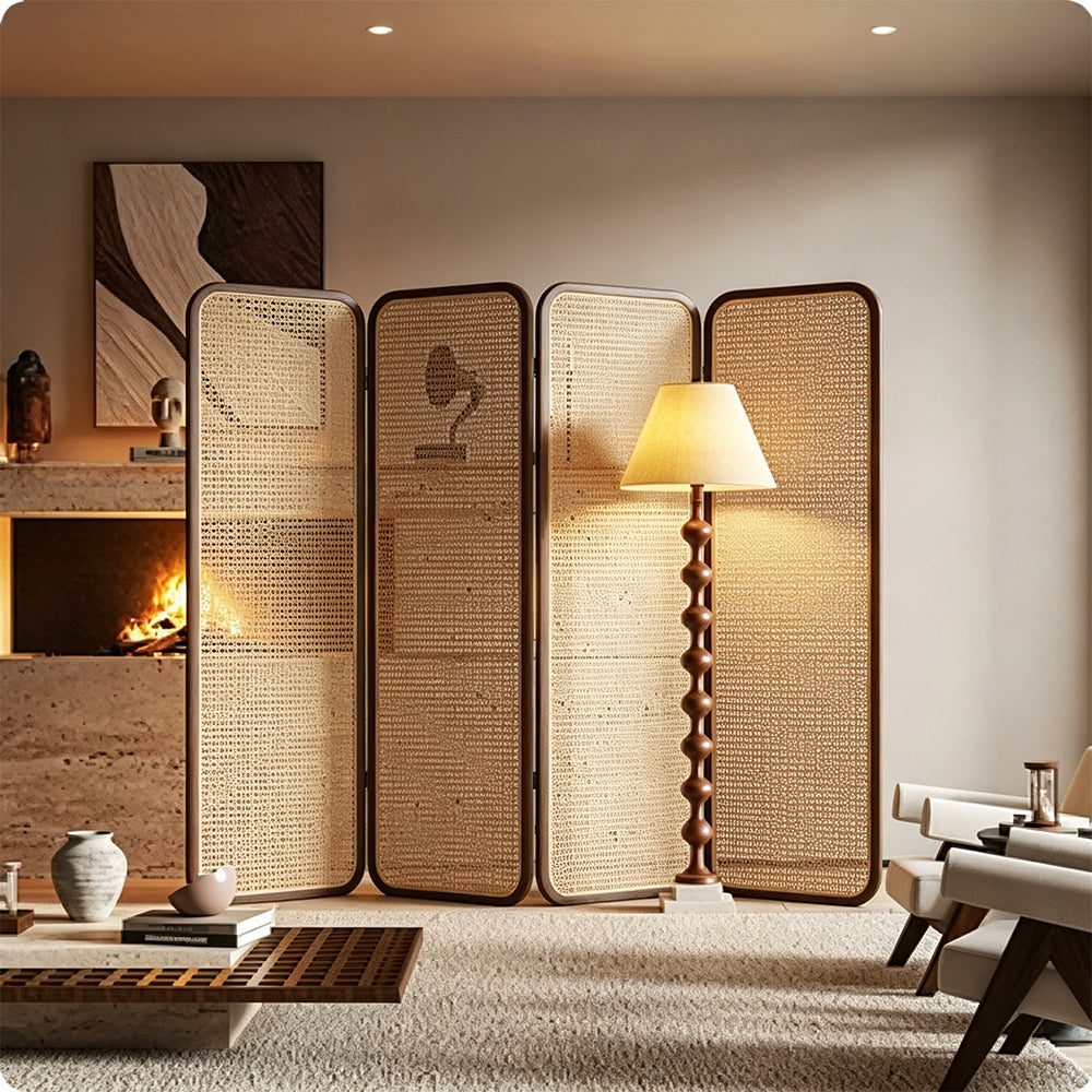 LIVARA Single Panel Ash Wood Rattan Room Divider 45 x 180cm for Living Room Bedroom - Walnut & Natural