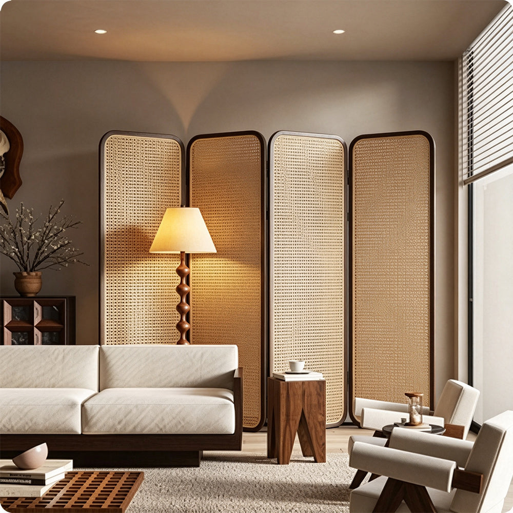 LIVARA Single Panel Ash Wood Rattan Room Divider 45 x 180cm for Living Room Bedroom - Walnut & Natural