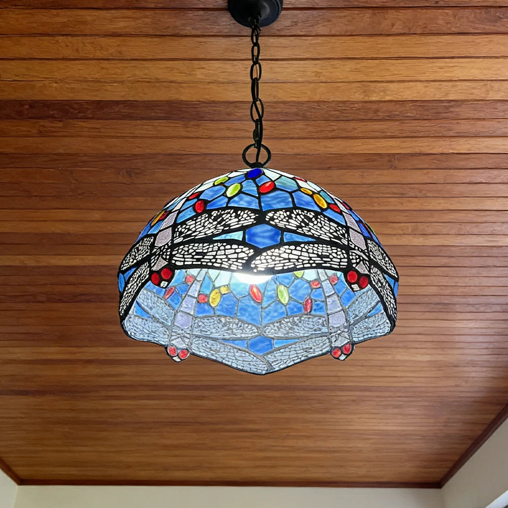 LIVARA Tiffany Stained Glass Chandelier Vintage Pendant Light 30x80cm for Dining Room Living Room Bedroom - Royal Blue