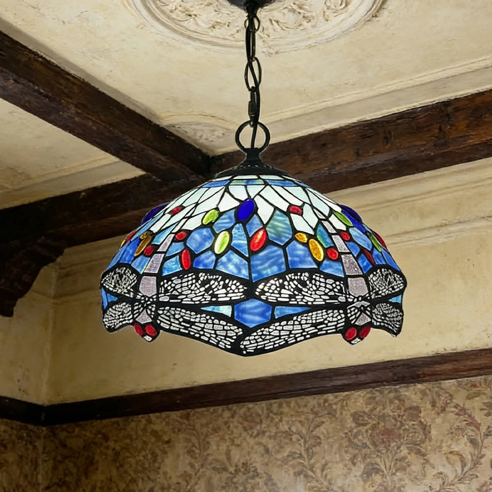 LIVARA Tiffany Stained Glass Chandelier Vintage Pendant Light 30x80cm for Dining Room Living Room Bedroom - Royal Blue