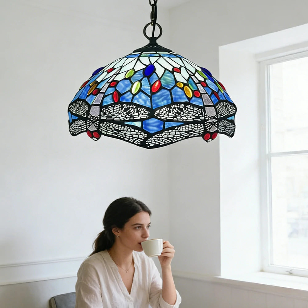 LIVARA Tiffany Stained Glass Chandelier Vintage Pendant Light 30x80cm for Dining Room Living Room Bedroom - Royal Blue