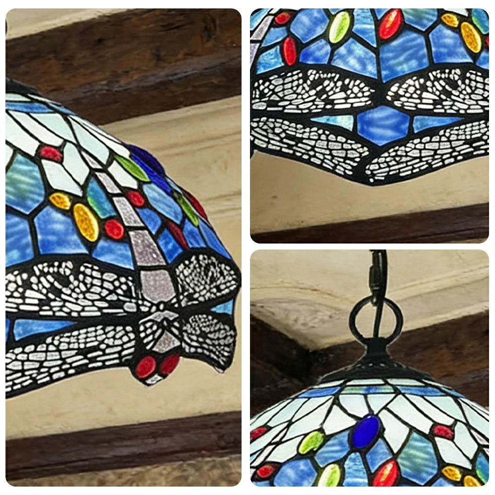 LIVARA Tiffany Stained Glass Chandelier Vintage Pendant Light 30x80cm for Dining Room Living Room Bedroom - Royal Blue