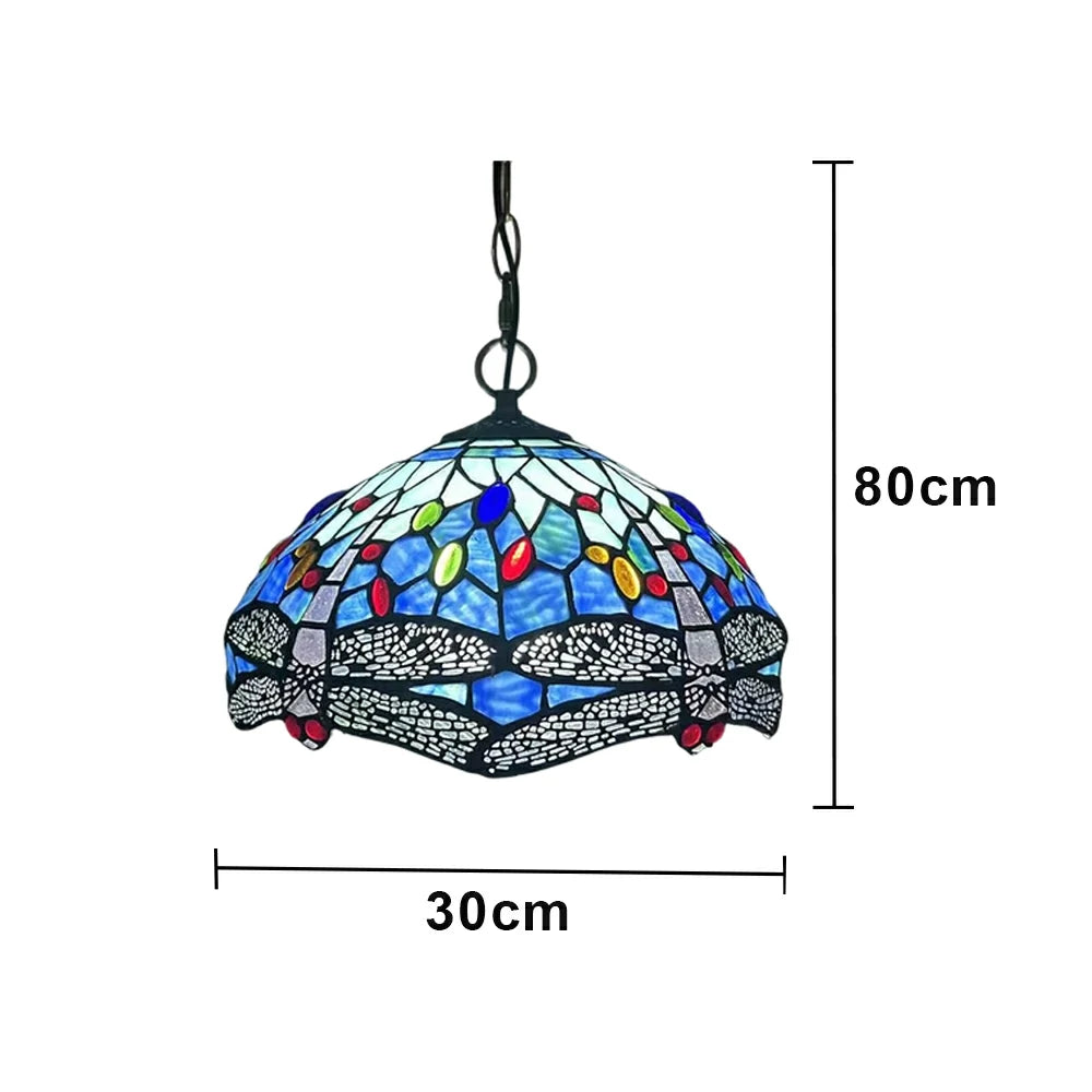 LIVARA Tiffany Stained Glass Chandelier Vintage Pendant Light 30x80cm for Dining Room Living Room Bedroom - Royal Blue