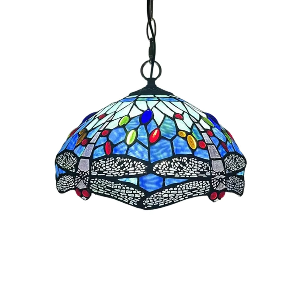 LIVARA Tiffany Stained Glass Chandelier Vintage Pendant Light 30x80cm for Dining Room Living Room Bedroom - Royal Blue