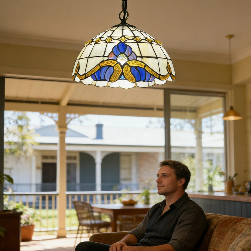 LIVARA Tiffany Stained Glass Chandelier Vintage Pendant Light 30x80cm for Dining Room Living Room Bedroom - Beige