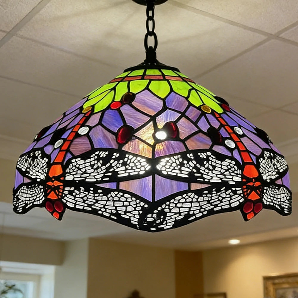 LIVARA Tiffany Stained Glass Chandelier Vintage Pendant Light 30x80cm for Dining Room Living Room Bedroom - Purple