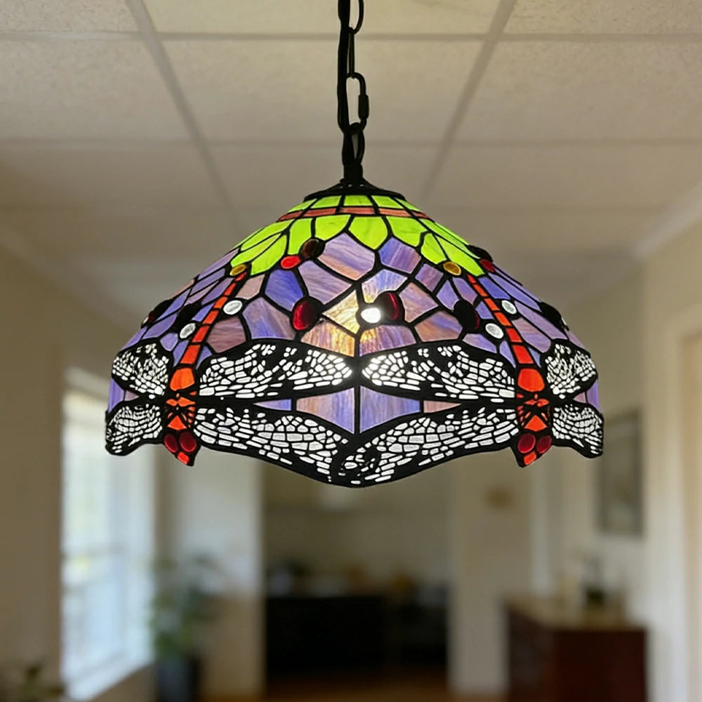 LIVARA Tiffany Stained Glass Chandelier Vintage Pendant Light 30x80cm for Dining Room Living Room Bedroom - Purple