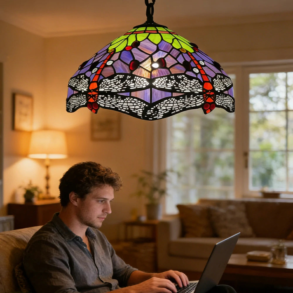 LIVARA Tiffany Stained Glass Chandelier Vintage Pendant Light 30x80cm for Dining Room Living Room Bedroom - Purple