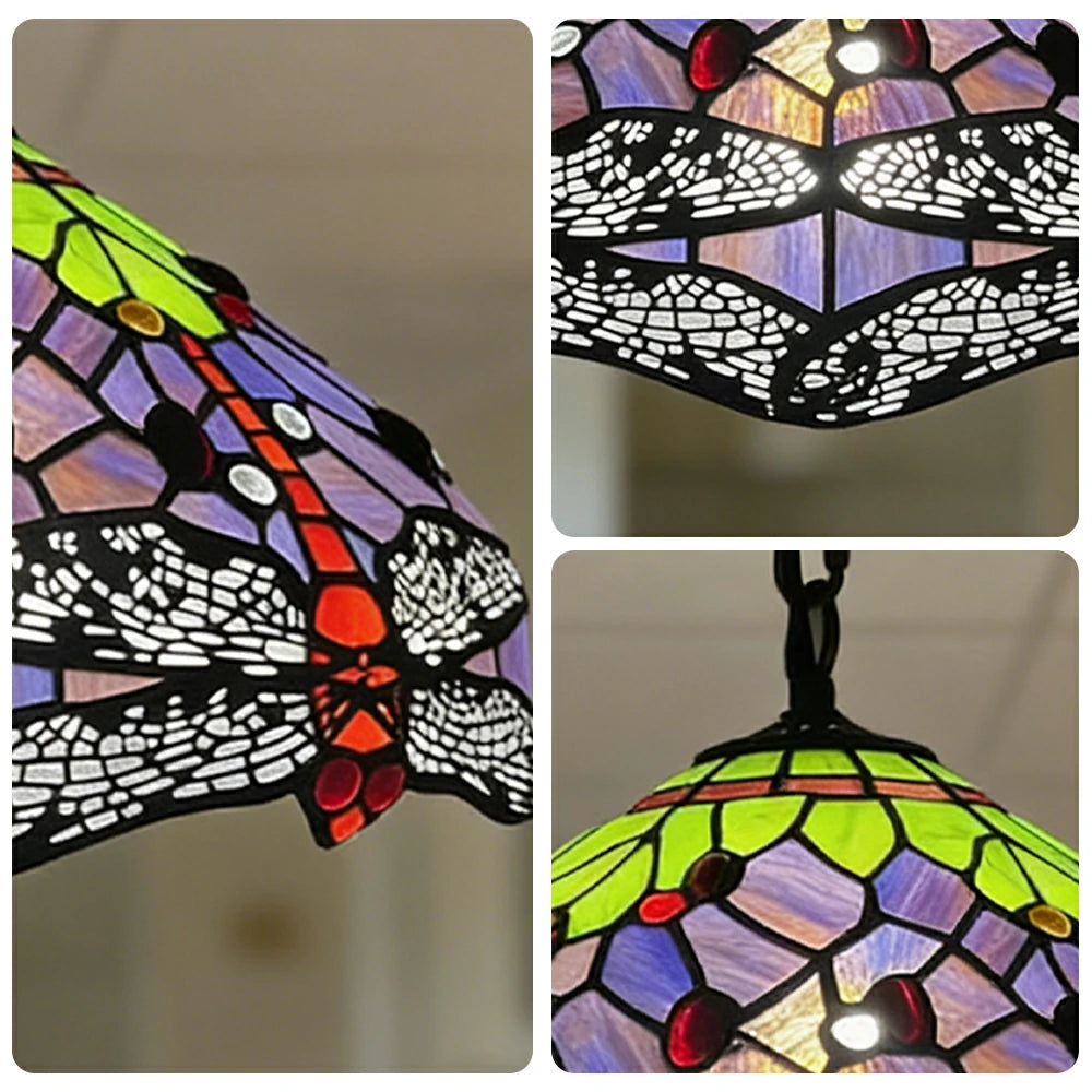 LIVARA Tiffany Stained Glass Chandelier Vintage Pendant Light 30x80cm for Dining Room Living Room Bedroom - Purple