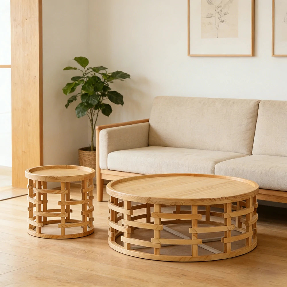 LIVARA Round Nesting Coffee Table Set Solid Pine Wood Hollow Lattice Design Natural Timber Accent Tables