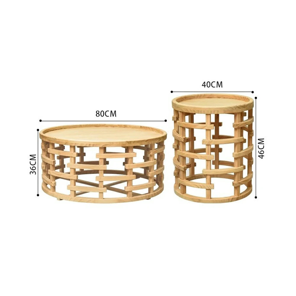 LIVARA Round Nesting Coffee Table Set Solid Pine Wood Hollow Lattice Design Natural Timber Accent Tables