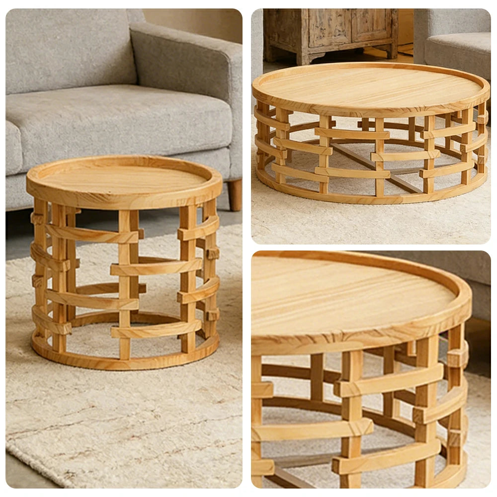 LIVARA Round Nesting Coffee Table Set Solid Pine Wood Hollow Lattice Design Natural Timber Accent Tables
