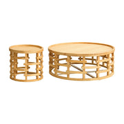 LIVARA Round Nesting Coffee Table Set Solid Pine Wood Hollow Lattice Design Natural Timber Accent Tables