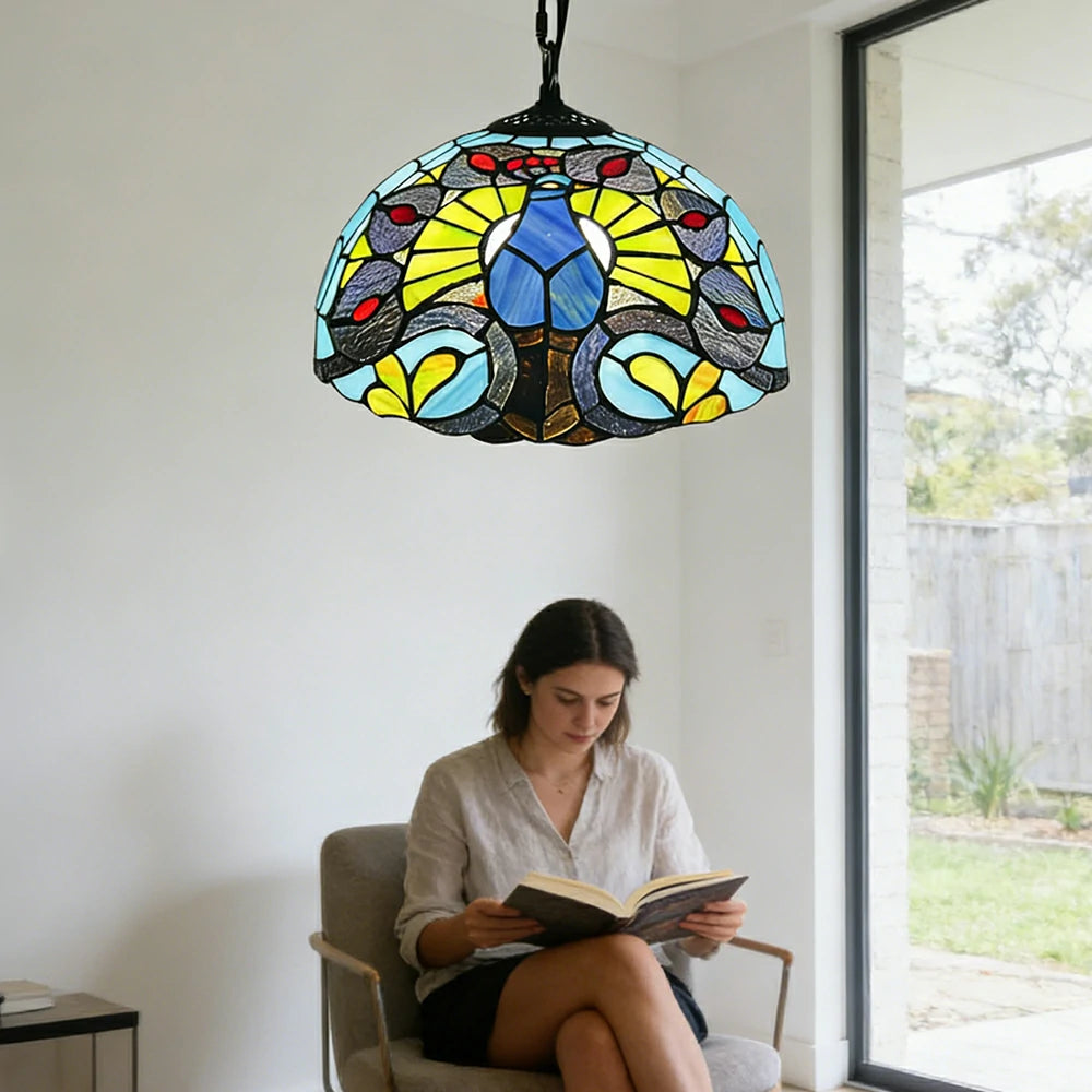 LIVARA Tiffany Stained Glass Chandelier Vintage Pendant Light 30x80cm for Dining Room Living Room Bedroom - Bright Yellow
