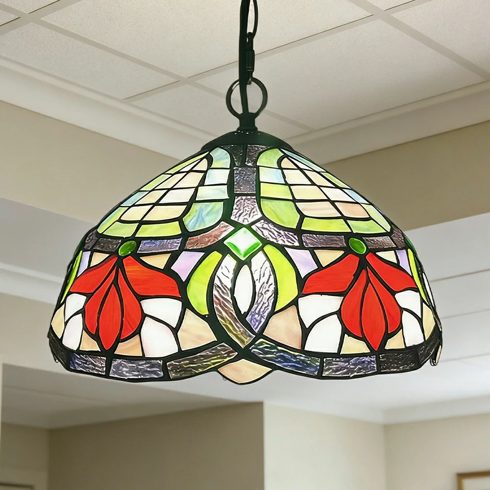 LIVARA Tiffany Stained Glass Chandelier Vintage Pendant Light 30x80cm for Dining Room Living Room Bedroom - Rose Red