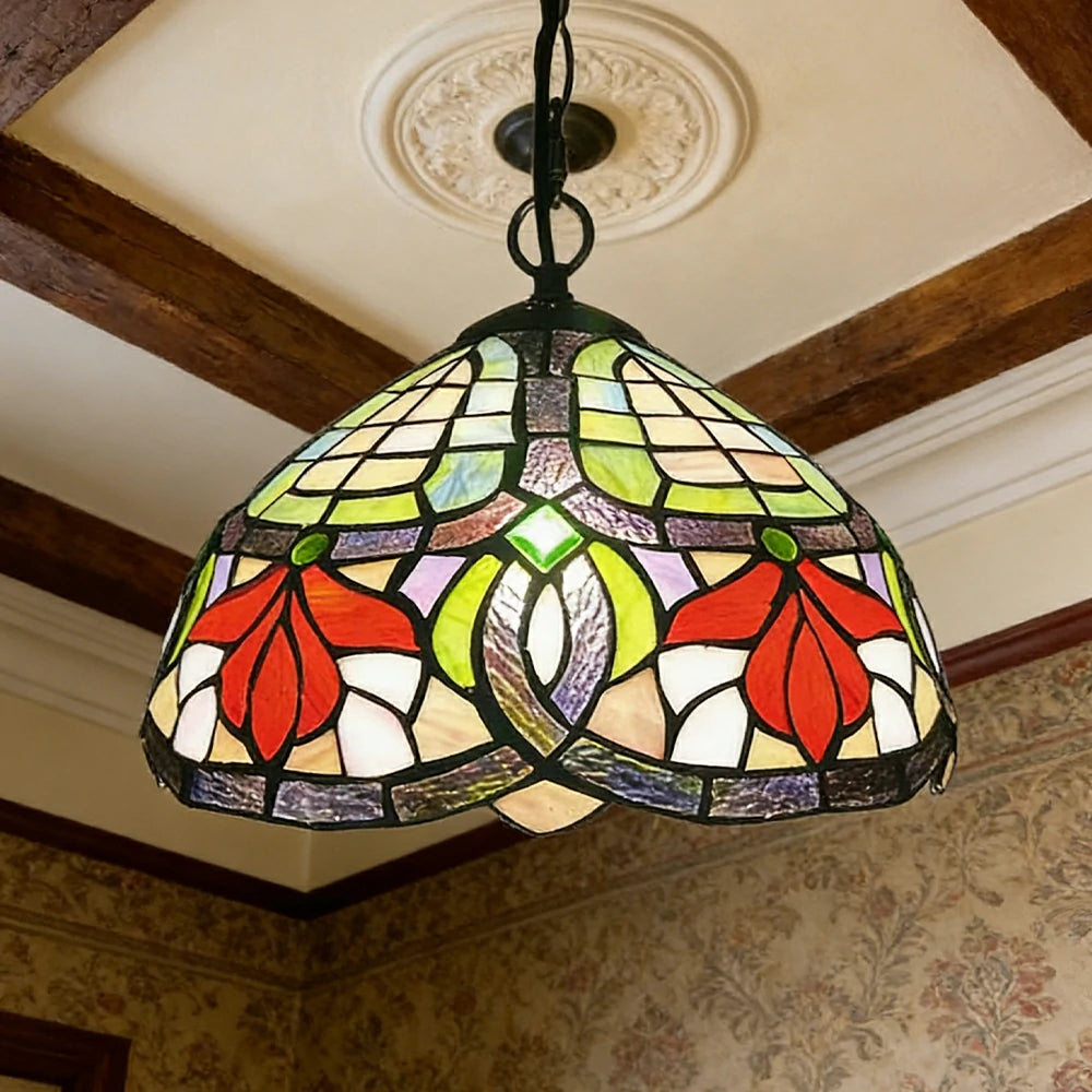 LIVARA Tiffany Stained Glass Chandelier Vintage Pendant Light 30x80cm for Dining Room Living Room Bedroom - Rose Red