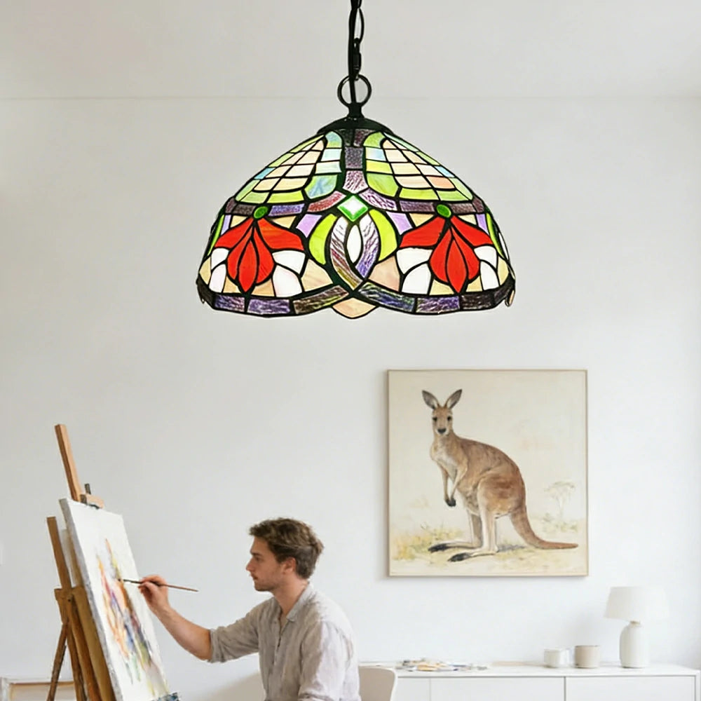 LIVARA Tiffany Stained Glass Chandelier Vintage Pendant Light 30x80cm for Dining Room Living Room Bedroom - Rose Red