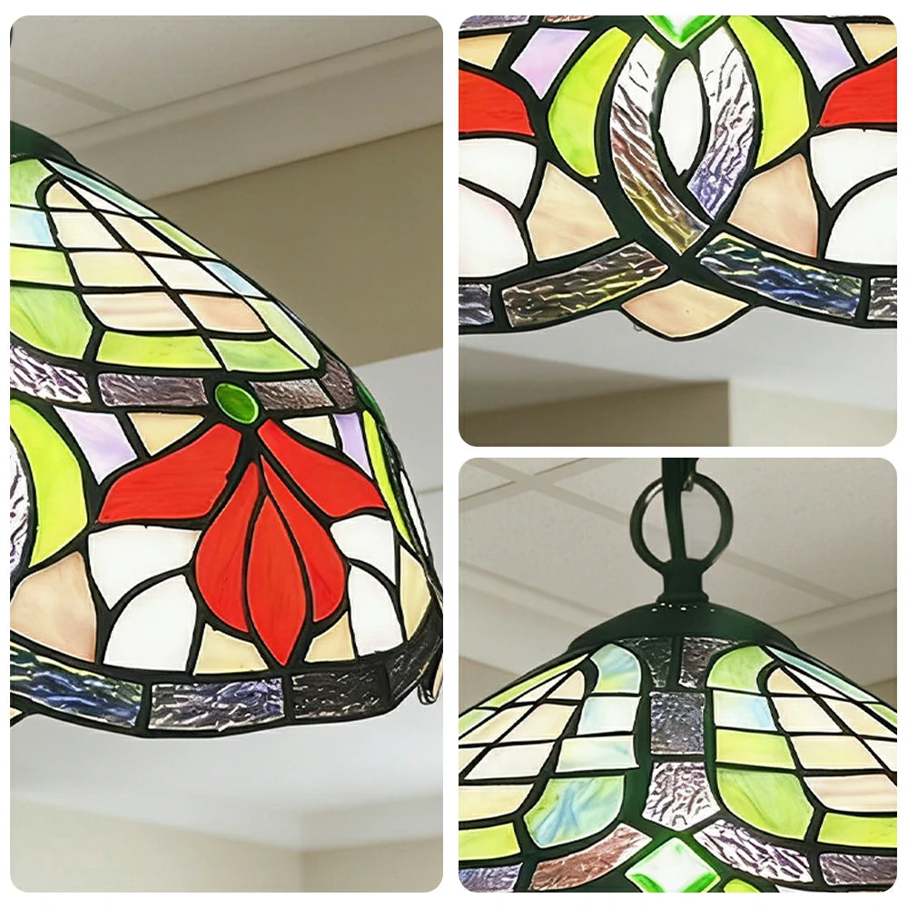 LIVARA Tiffany Stained Glass Chandelier Vintage Pendant Light 30x80cm for Dining Room Living Room Bedroom - Rose Red