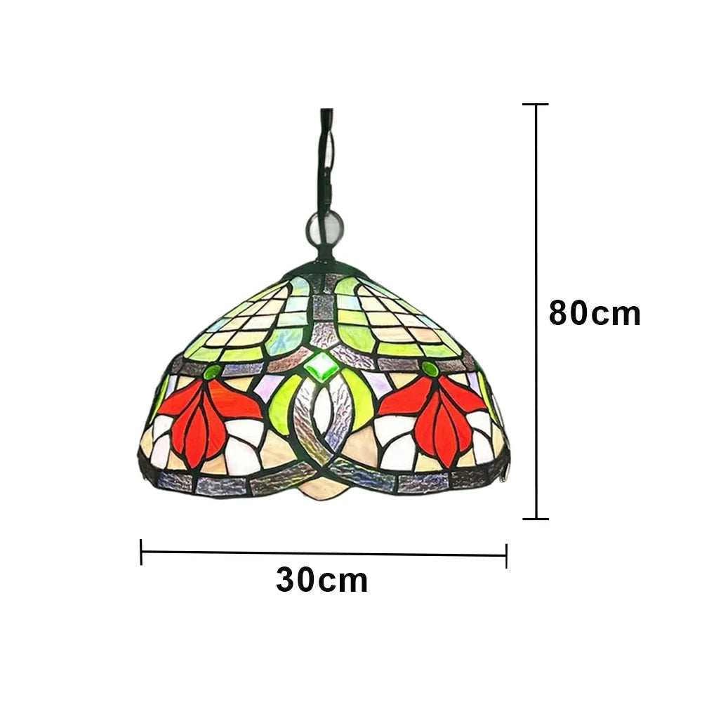 LIVARA Tiffany Stained Glass Chandelier Vintage Pendant Light 30x80cm for Dining Room Living Room Bedroom - Rose Red