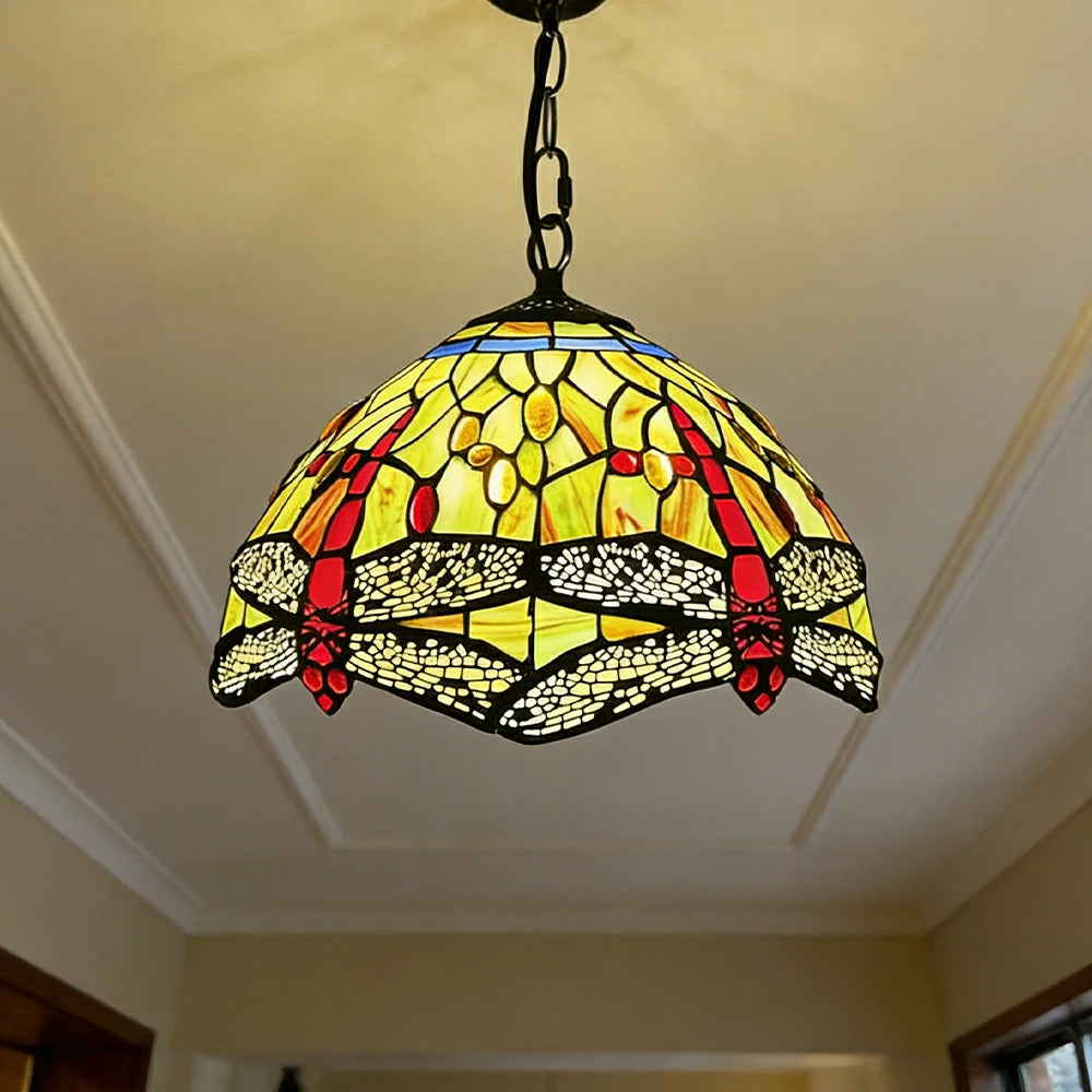 LIVARA Tiffany Stained Glass Chandelier Vintage Pendant Light 30x80cm for Dining Room Living Room Bedroom - Red