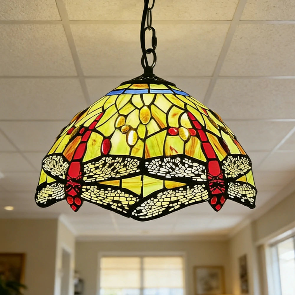 LIVARA Tiffany Stained Glass Chandelier Vintage Pendant Light 30x80cm for Dining Room Living Room Bedroom - Red